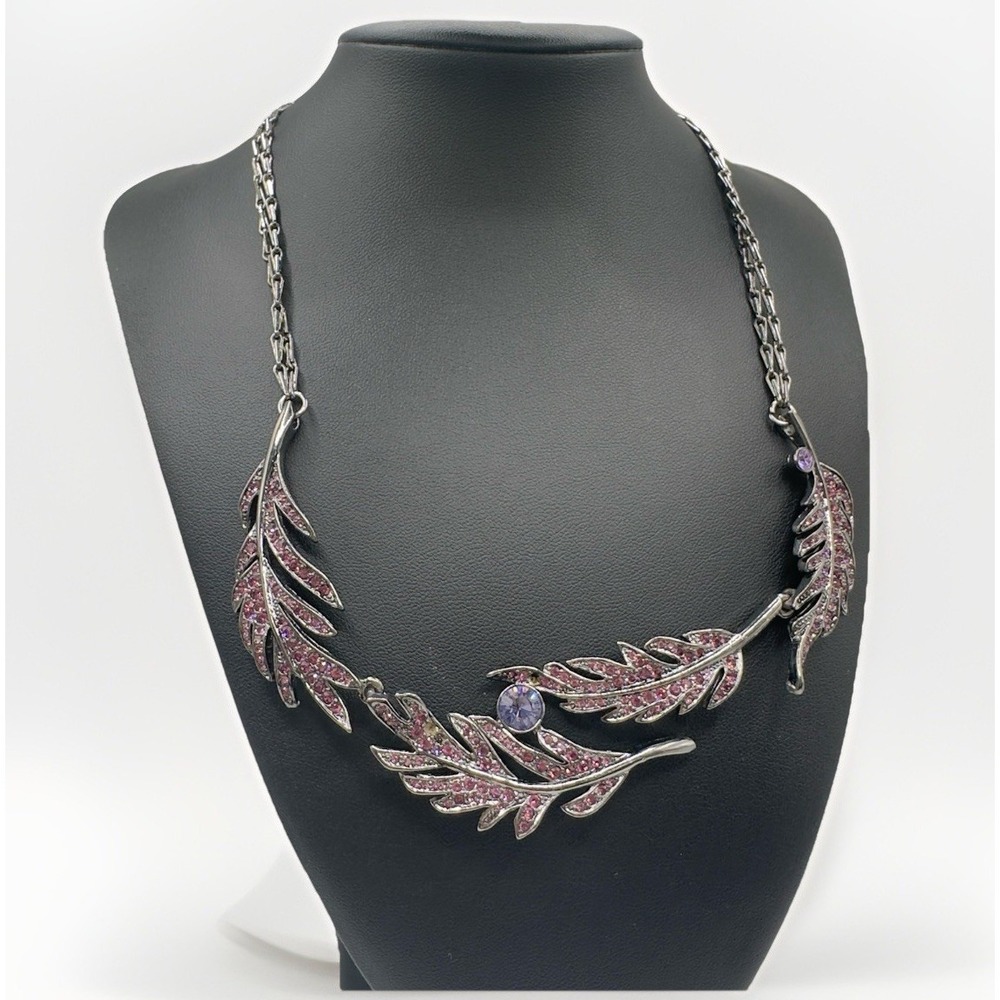 Givenchy Necklace Purple Rhinestone Leaf Bib Gunmetal Tone Statement 15" - 17" - Picture 4 of 16